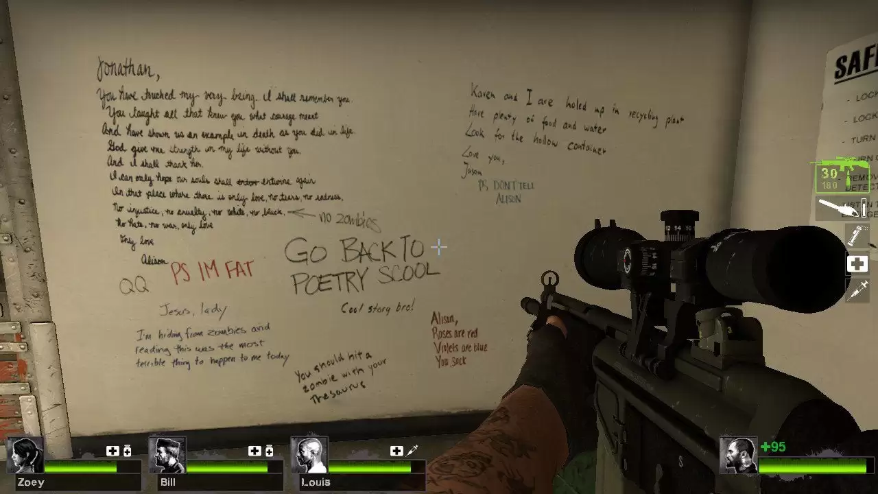 Textos en las paredes de los cuartos seguros de Left 4 Dead 2